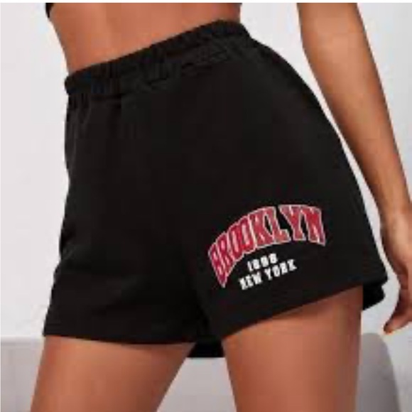 WOMENS LETTER GRAPHIC BROOKLYN SMALL TRACK WORKOUT GYM YOGA HIGH WAISTED SHORTS - Picture 1 of 13